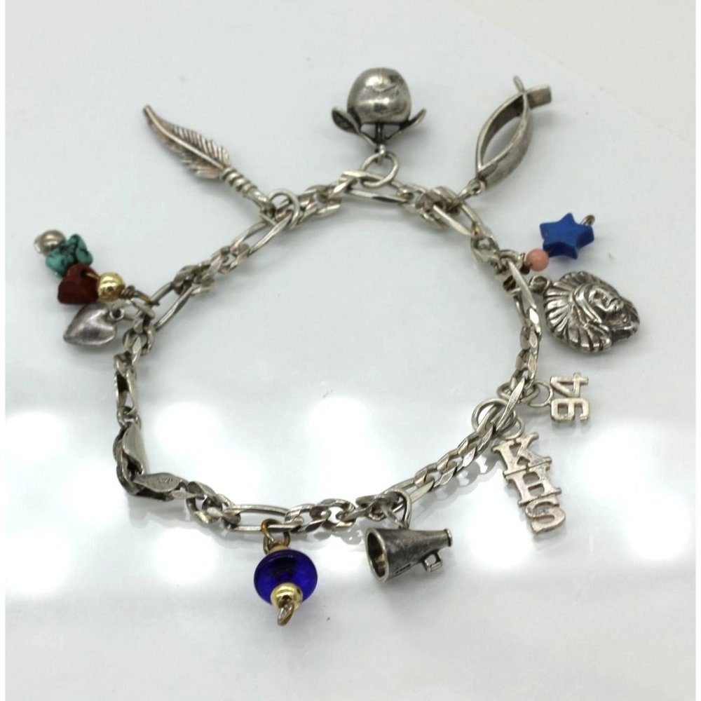 925 STERLING charm bracelet vintage 1994,  Indian chief, apple, ichthys, 18.4 gr